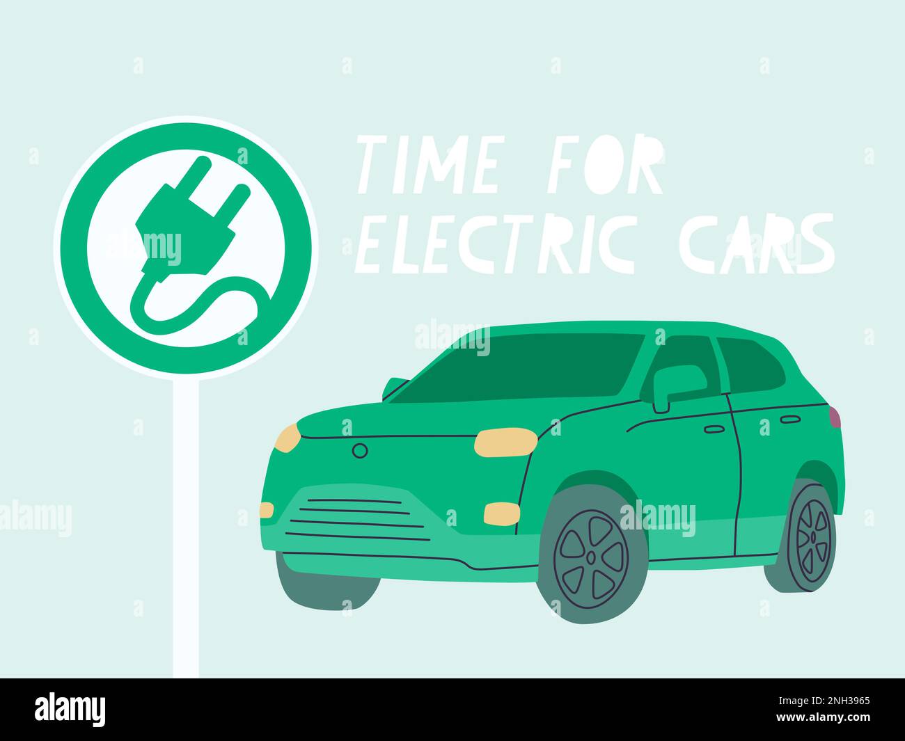 Time for electric cars. Green car. Road sign of the priority of electric vehicles. Vector flat illustration of petrol and diesel car ban in Europe. Stock Vector