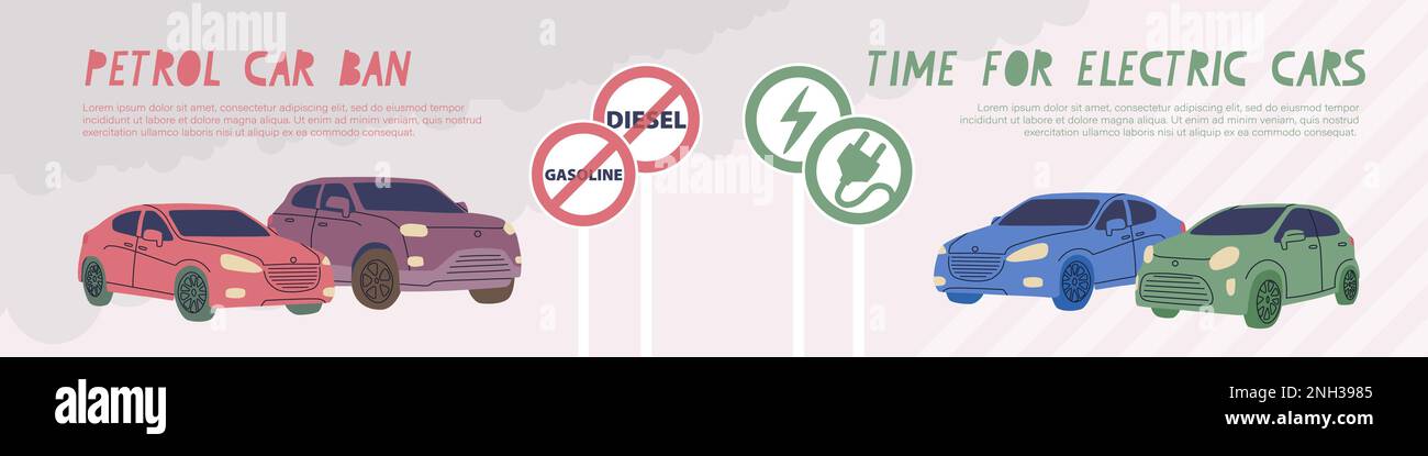 Web banner to ban petrol and diesel cars in Europe. Time for electric cars. Stock Vector
