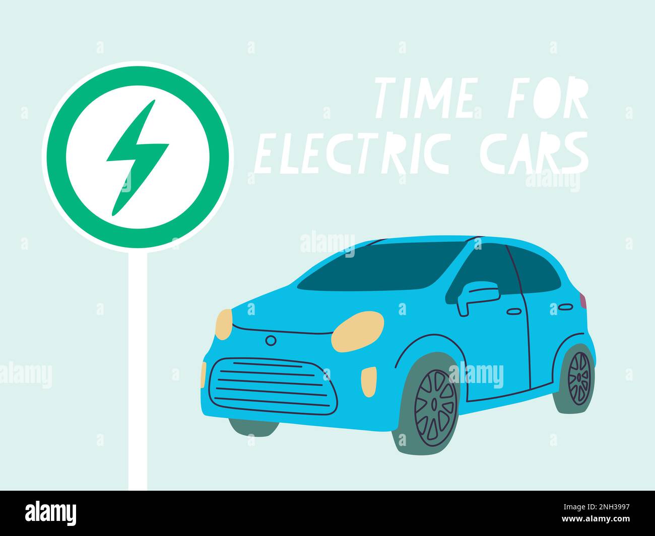 Time for electric cars. Blue car. Road sign of the priority of electric