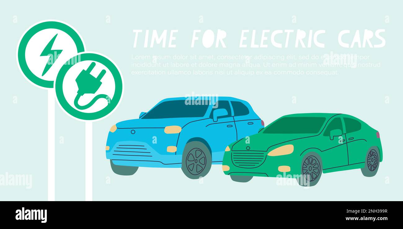 Time for electric cars. Green and blue cars. Electric car priority road sign and charging station sign. Vector flat illustration timed to ban petrol Stock Vector
