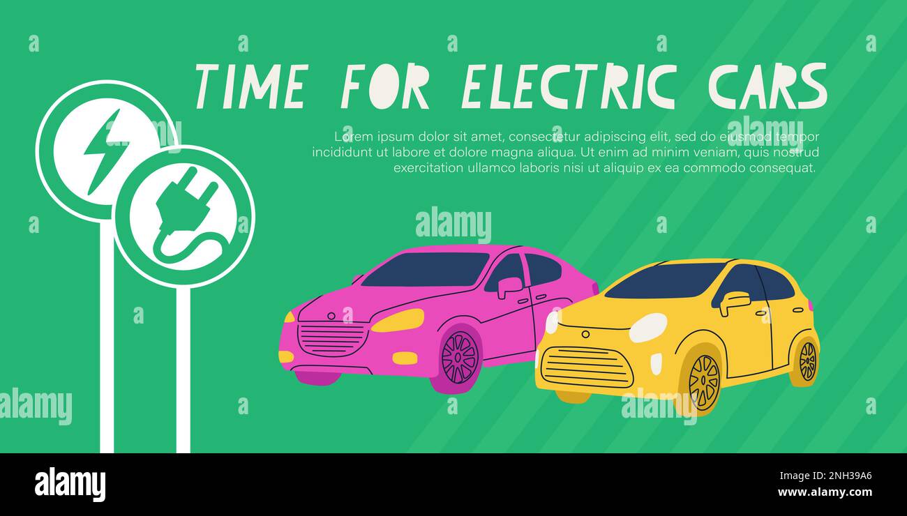Time for electric cars. Vector flat illustration of petrol and diesel car ban in Europe. Two cars, pink and yellow, with road signs for electric cars. Stock Vector
