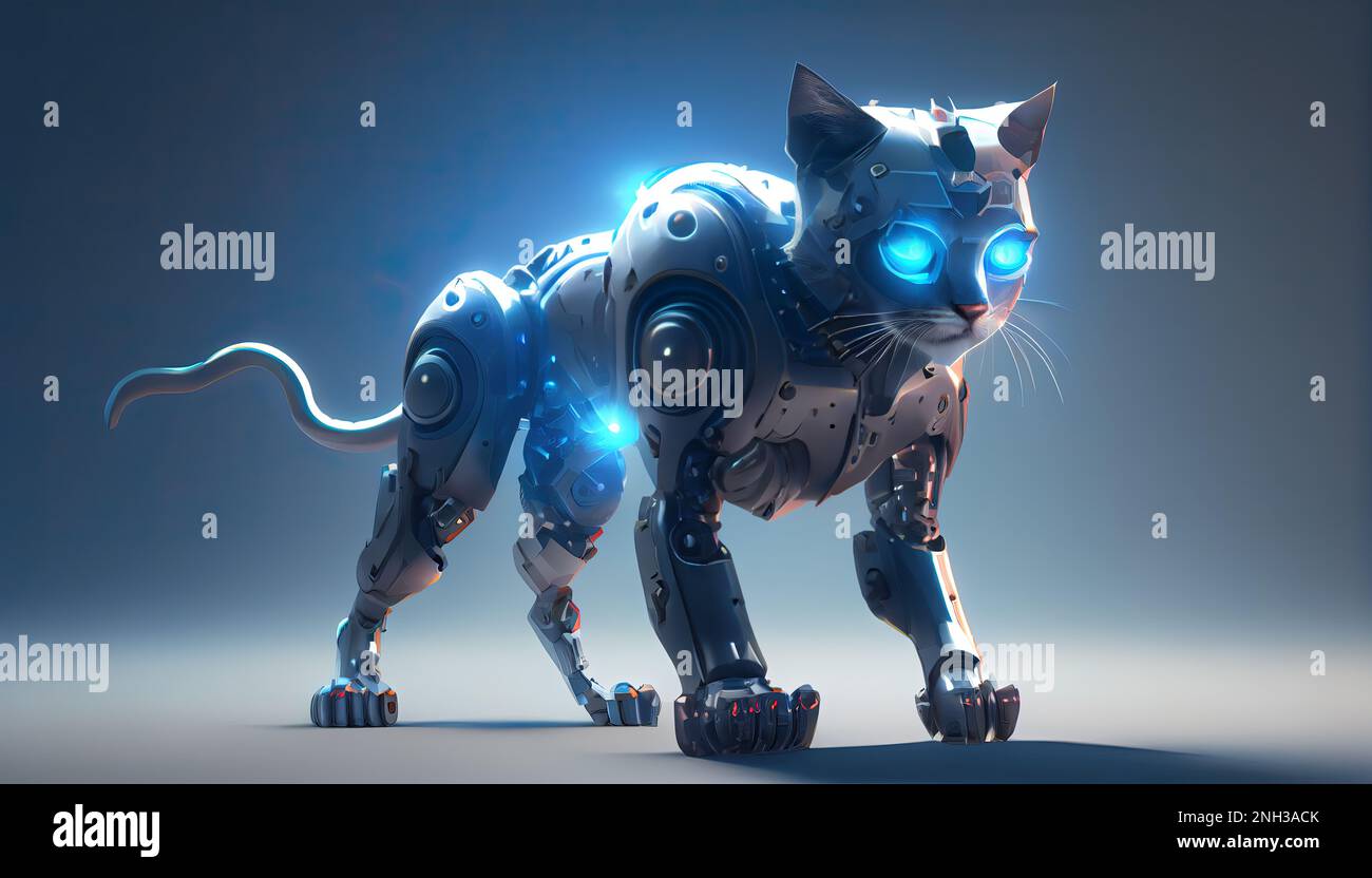 standing futurisric cat robot, shining eyes, scifi, mechanical, steel(09)