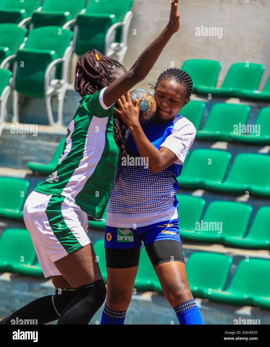 The Kenya Handball Federation National women league match between NCPB and New Hope at Nyayo National Stadium in Nyayo, Kenya. Stock Photo