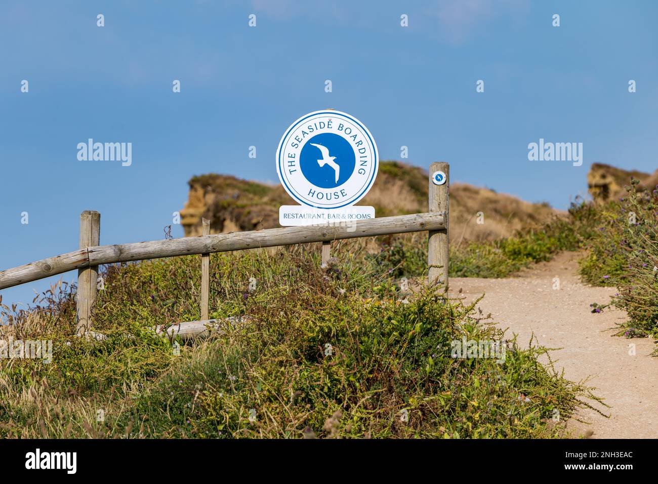 The Seaside Boarding House sign on coastal footpath, Burton Bradstock, Dorset, England, UK Stock