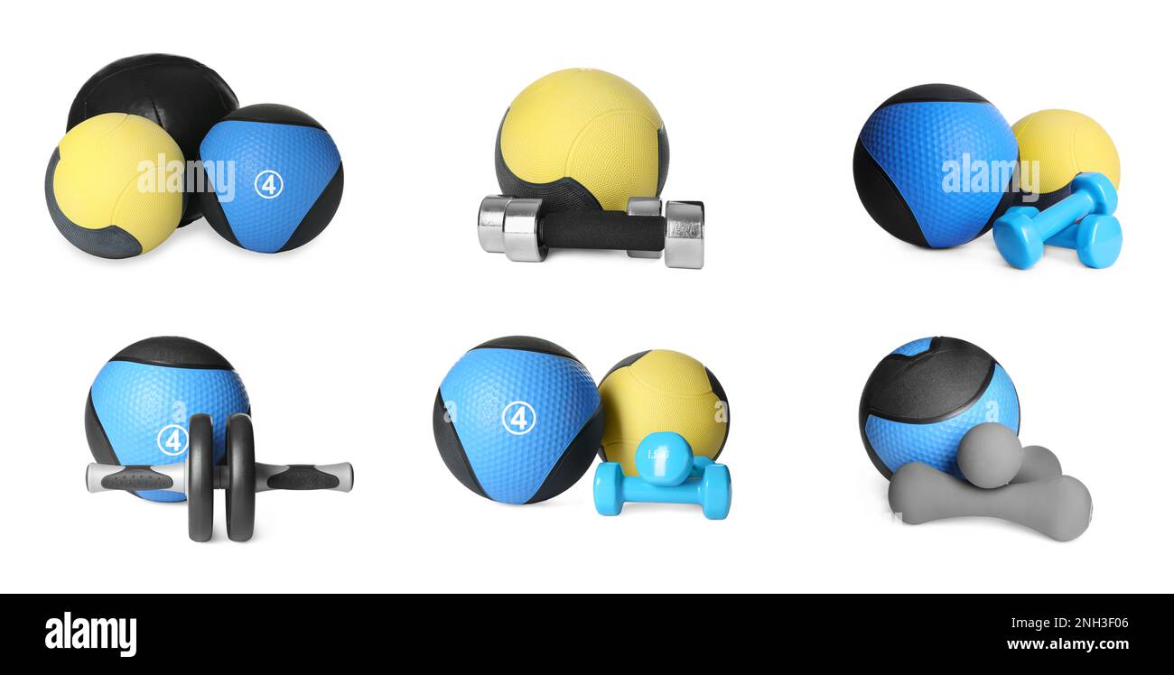 Set with medicine balls and dumbbells on white background. Banner