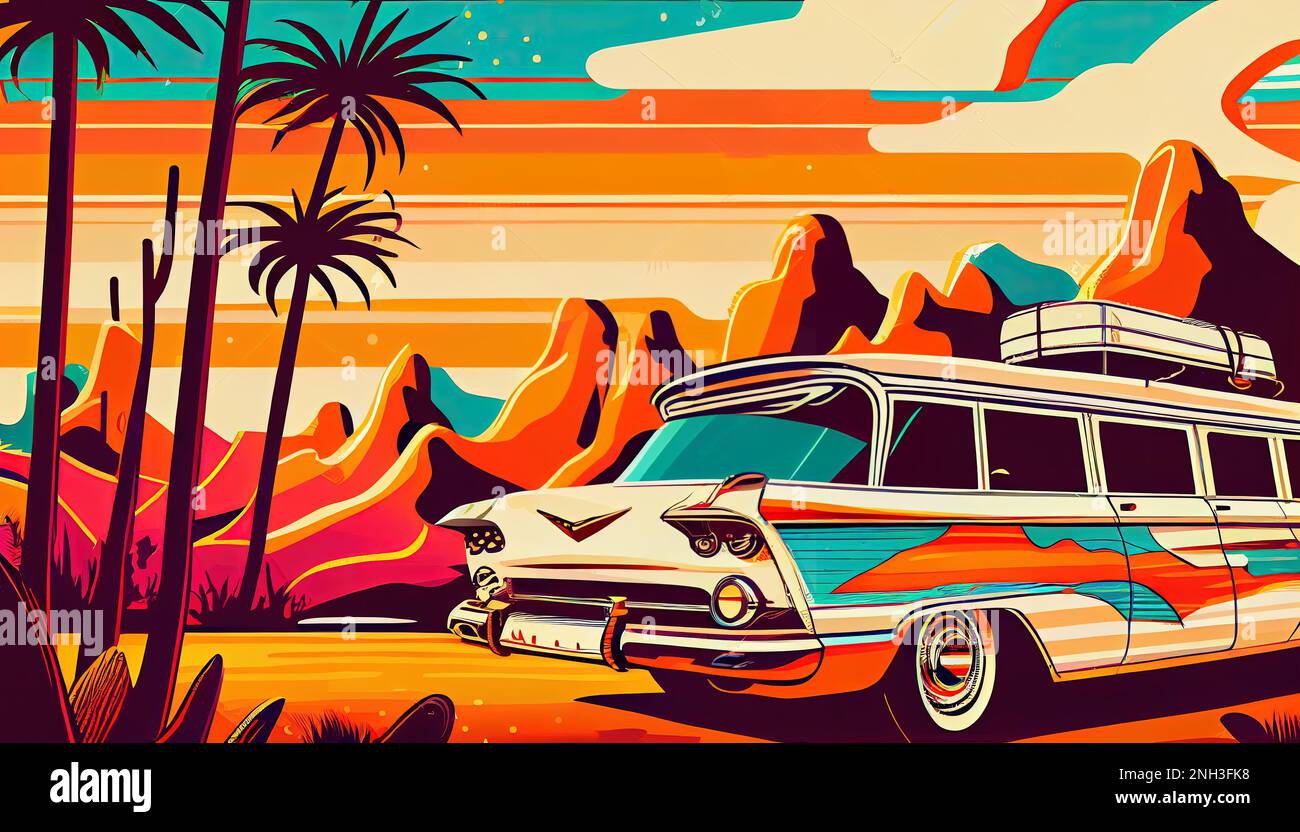 travel concept, colorful retro style graphics, ad, journey, car under