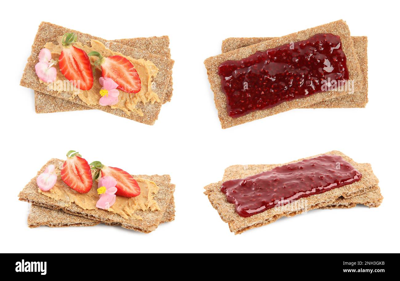 Fresh rye crispbreads with different toppings on white background, collage Stock Photo