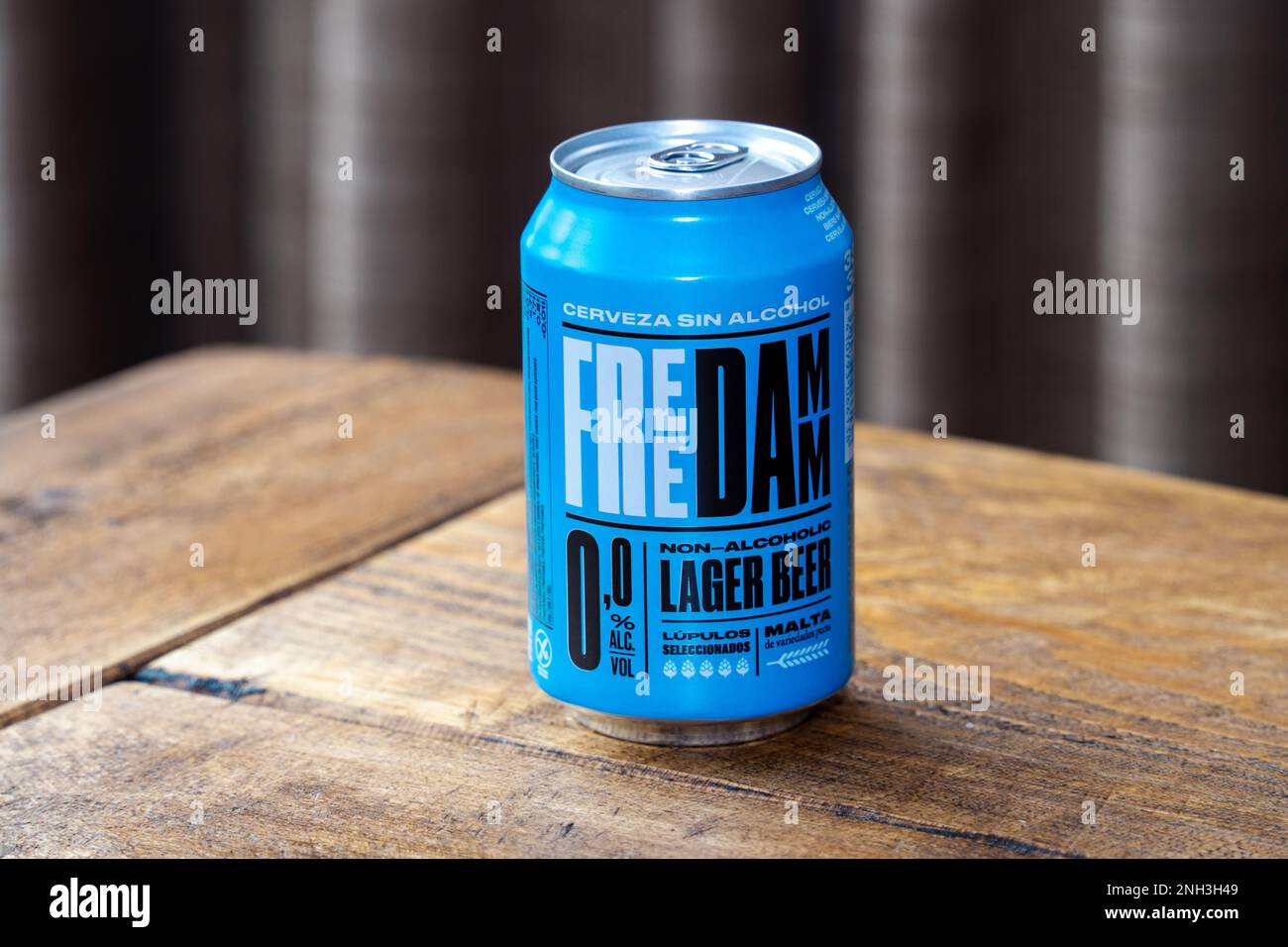 An unopened can of Freedamm alcohol-free lager beer on a table. Stock Photo