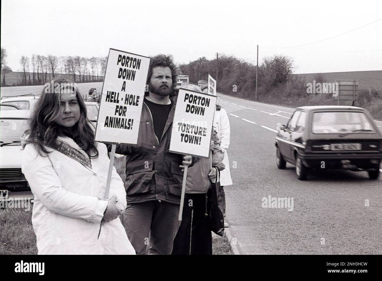 Archive image of early 1990s protest outside Porton Down Research Establishment Near Salisbury Wiltshire UK. Stock Photo