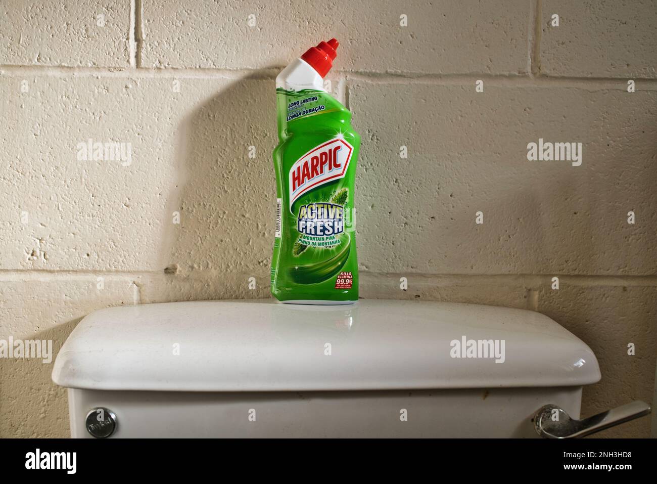 Plastic bottle of Harpic toilet cleaner sat on top of a toilet cistern Stock Photo Alamy