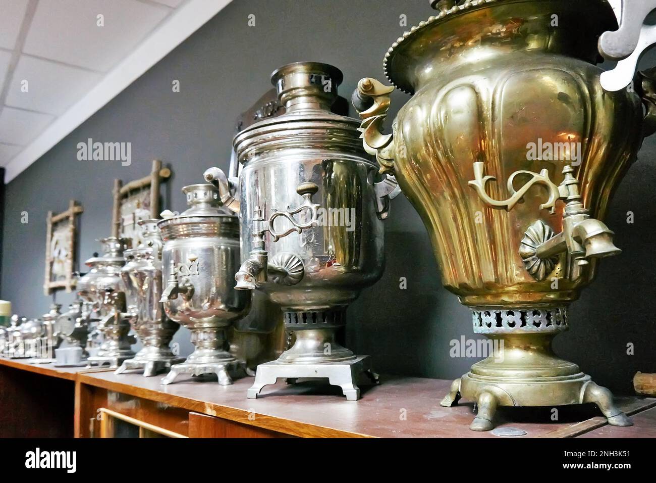 Old vintage Russian samovars for tea Stock Photo