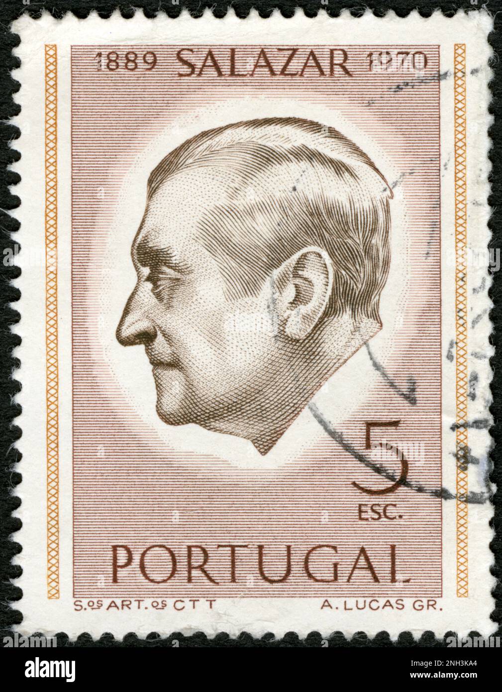 TIMBRE OBLITÉRÉ PORTUGAL. SALAZAR 1889-1970. 5 ESC Stock Photo