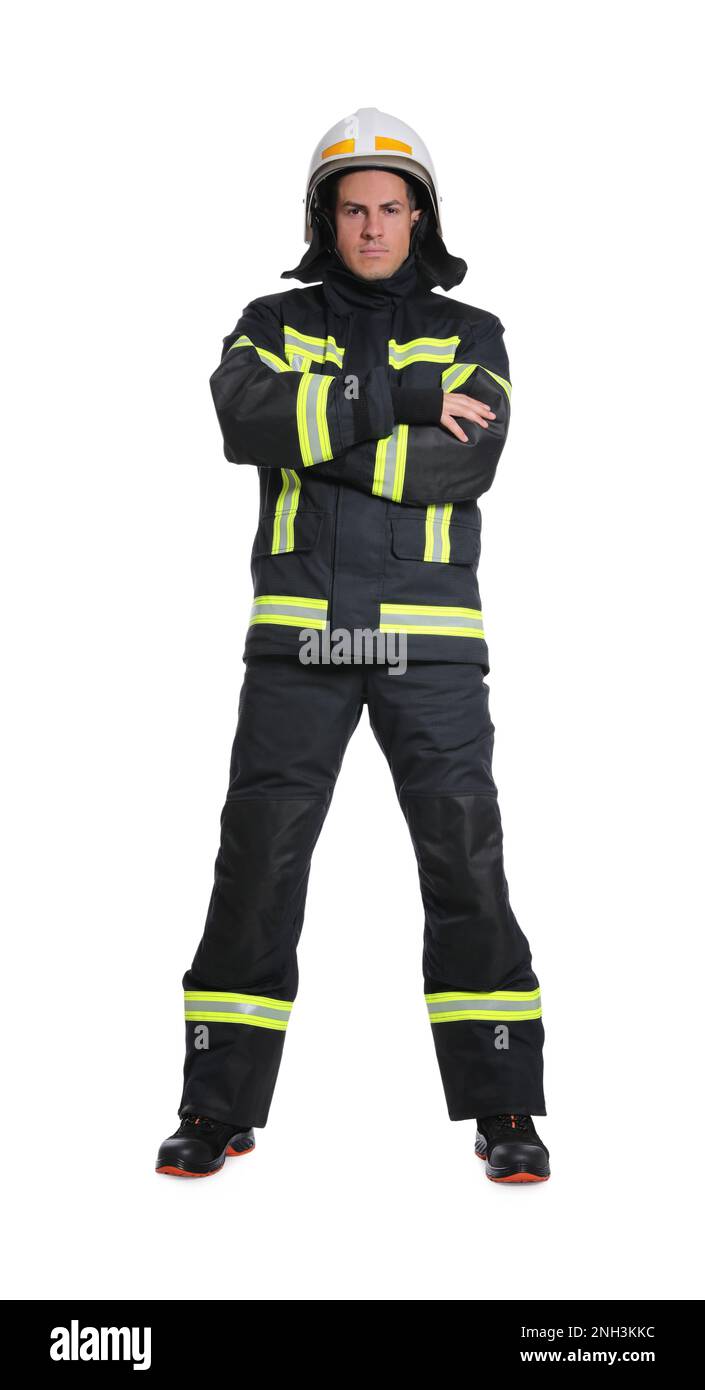 Full length portrait of firefighter in uniform and helmet on white ...