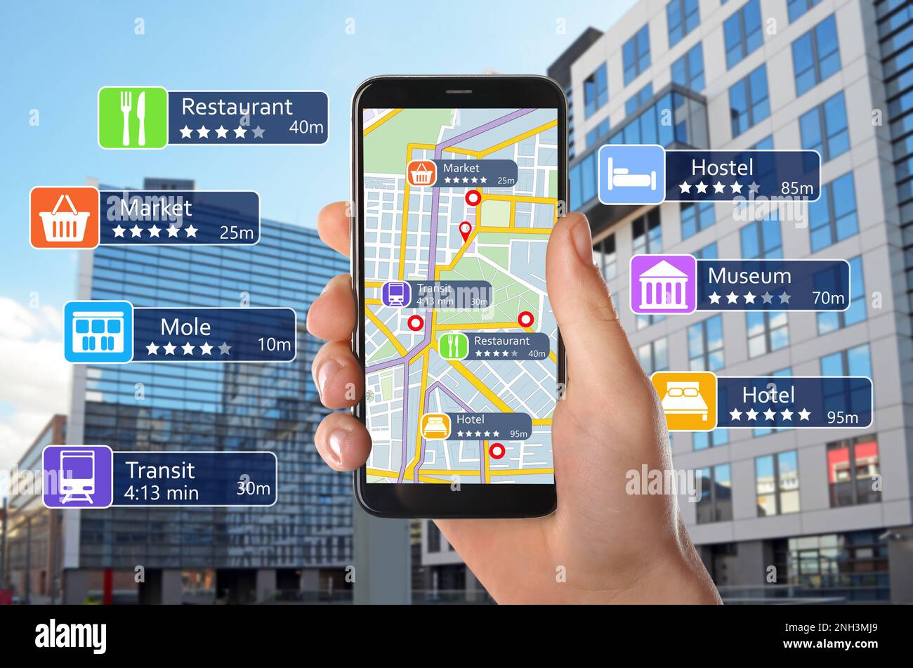 Tourist using online guide application on smartphone for navigation in ...