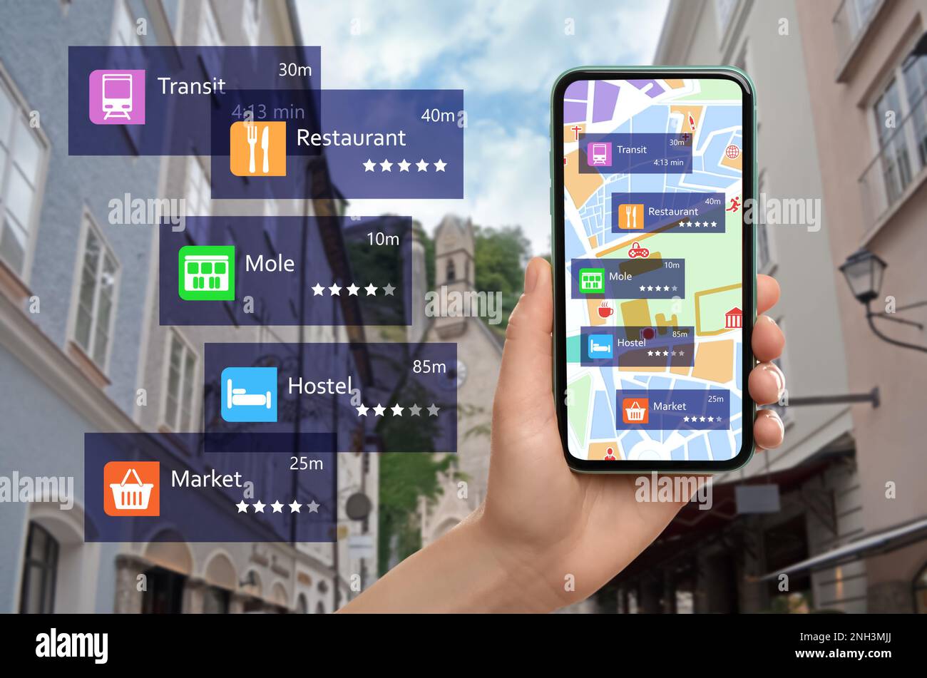 Tourist using online guide application on smartphone for navigation in ...
