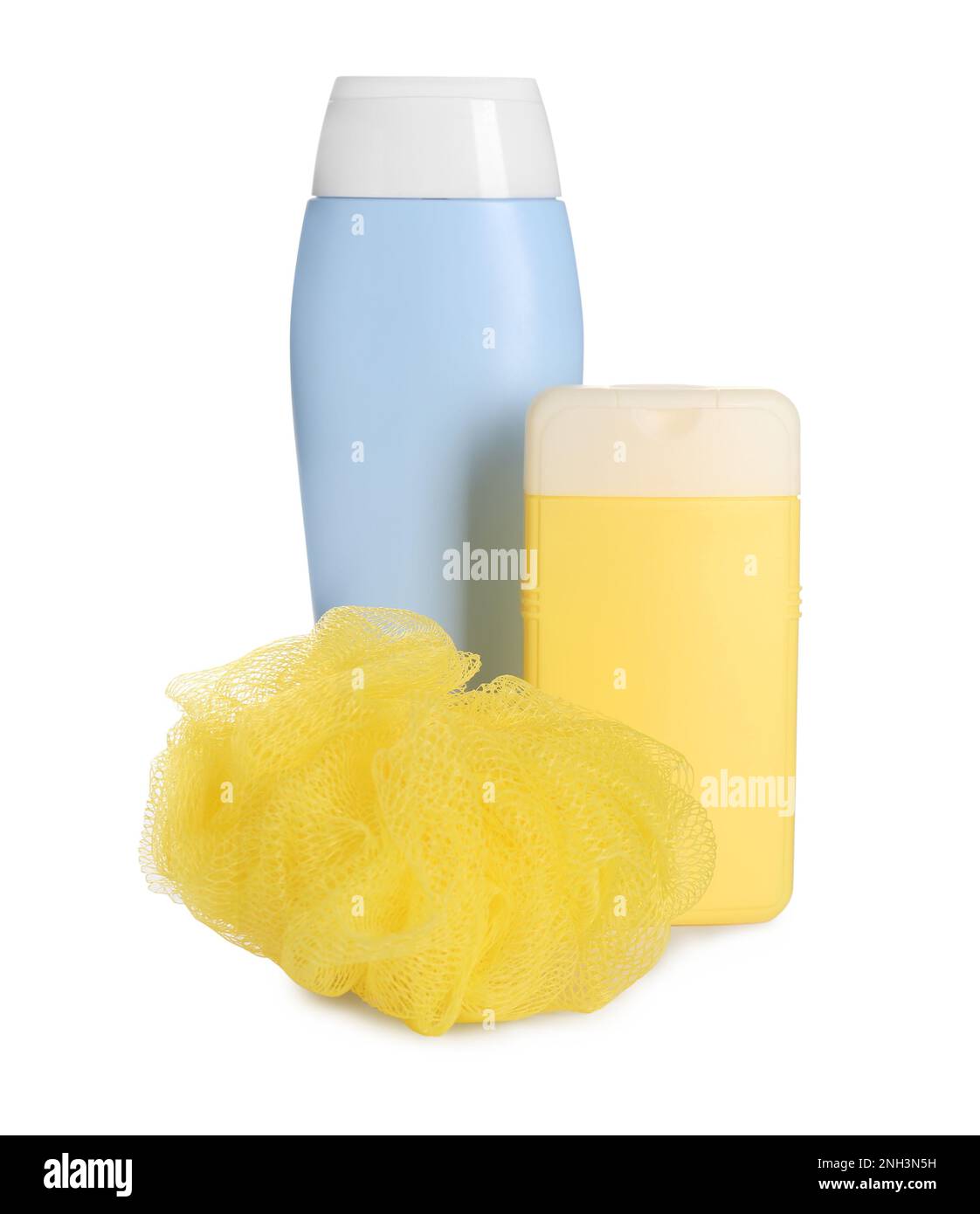 Different shower gel bottles and bast wisp on white background Stock