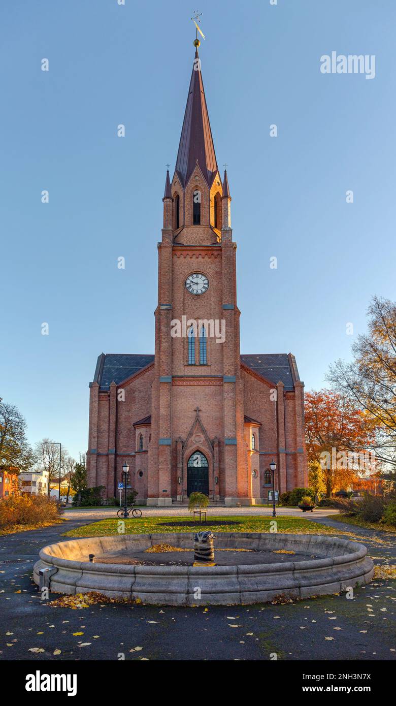 Fredrikstad, Norway - October 28, 2016: Dry Fountain in Front of Domkirke Evangelical Church in Town Park Autumn Morning. Stock Photo