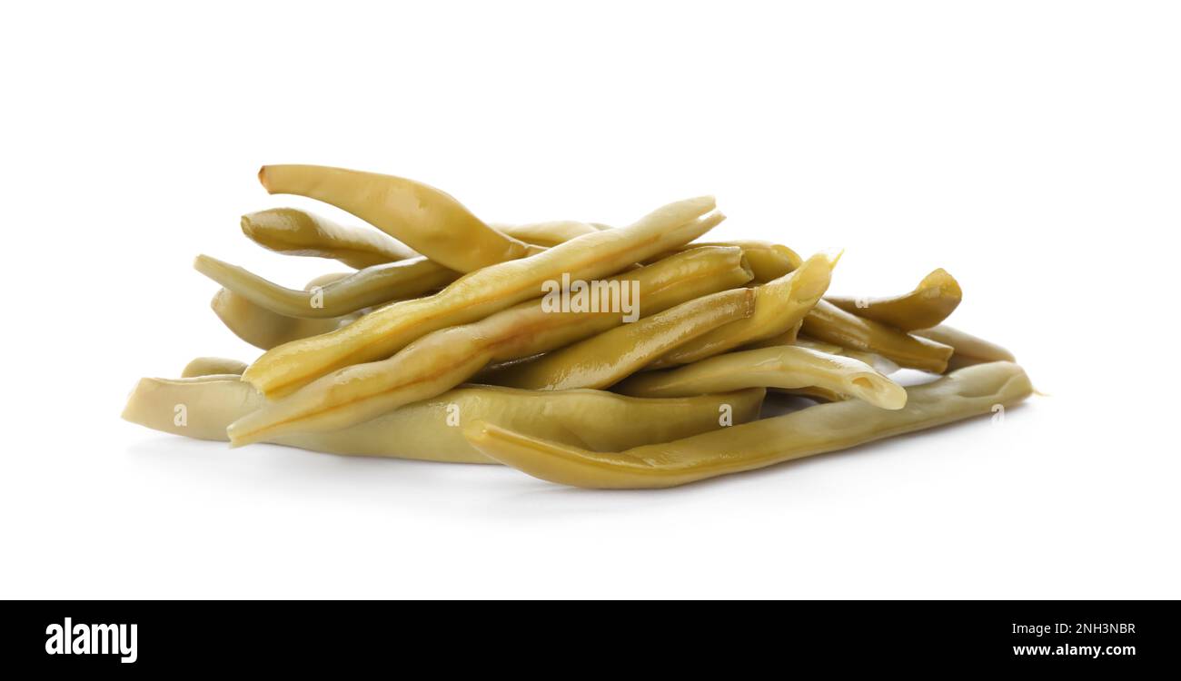 Pile of canned green beans on white background Stock Photo Alamy