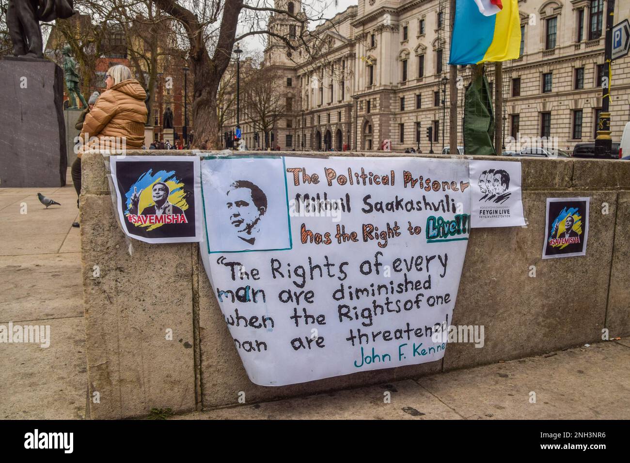 London, UK. 20th Feb, 2023. A placard in support of Mikheil Saakashvili is seen during the demonstration in Parliament Square. The former Georgian president and governor of Odesa Oblast in Ukraine are currently serving a prison term in Georgia for abuse of power, and his health is said to be deteriorating. Credit: SOPA Images Limited/Alamy Live News Stock Photo