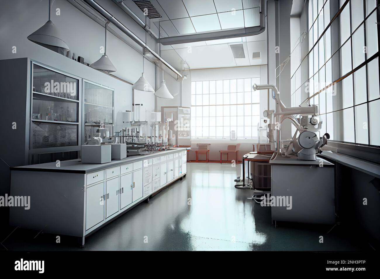 empty laboratory room background in sunlight from big windows, shining