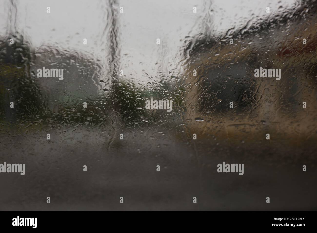 Rain drops on window glass, closeup. View from inside Stock Photo