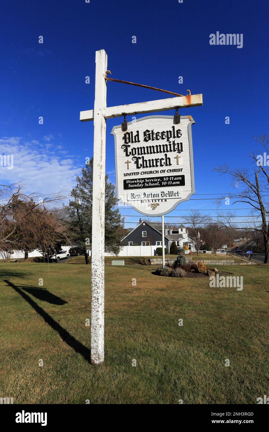 Church sign east end and north shore of Long Island New York Stock Photo