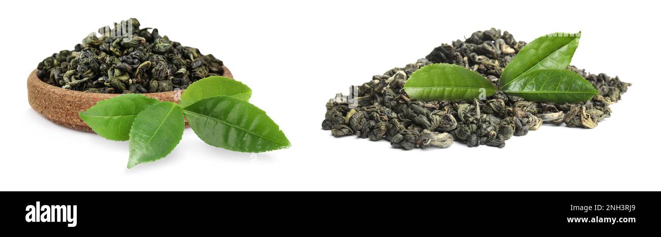 Dry green tea and fresh leaves on white background, collage. Banner ...