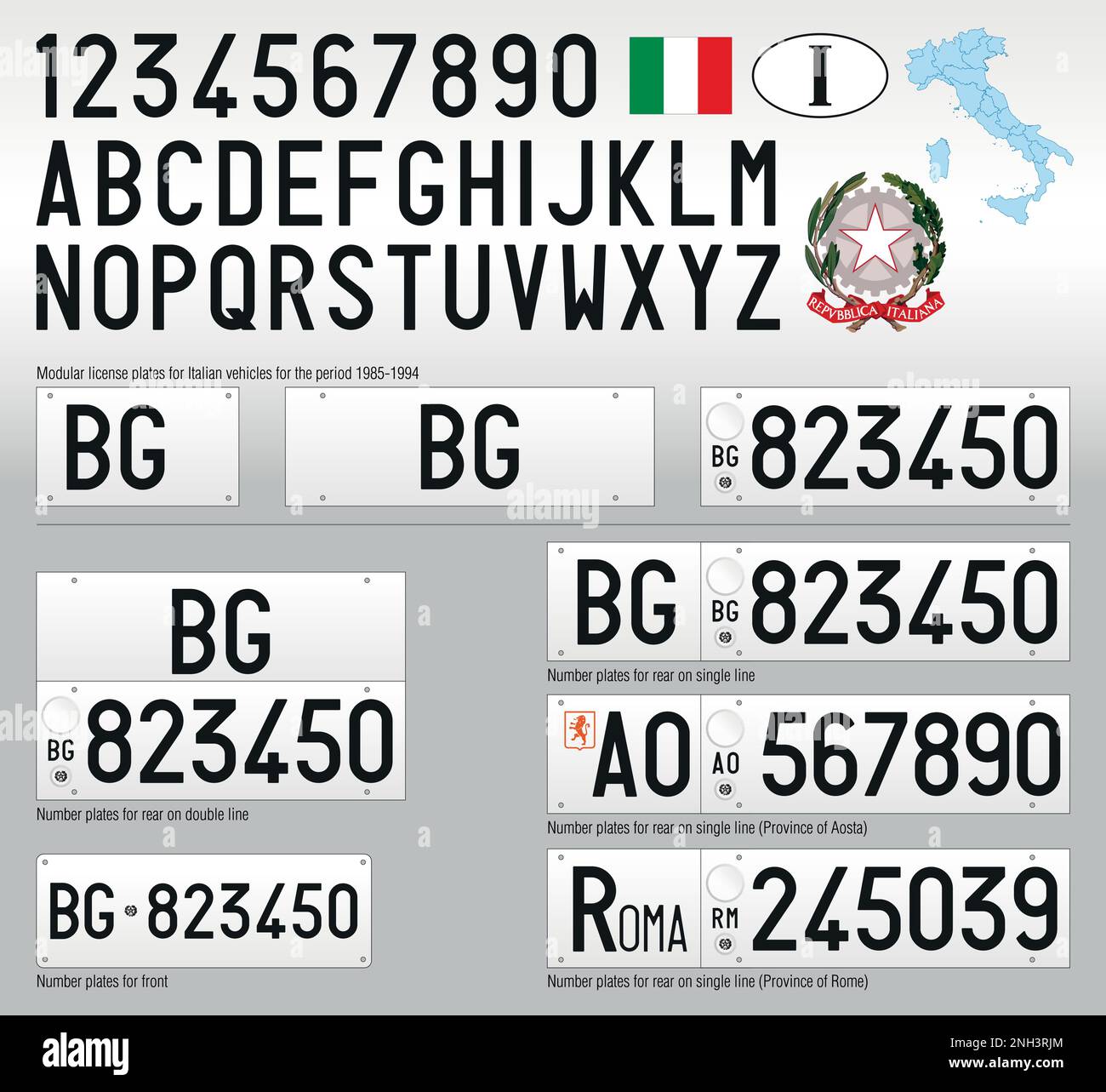 Modular italian vintage car license plate, letters, numbers and symbols, period 1985-1994, vector illustration, Italy Stock Vector