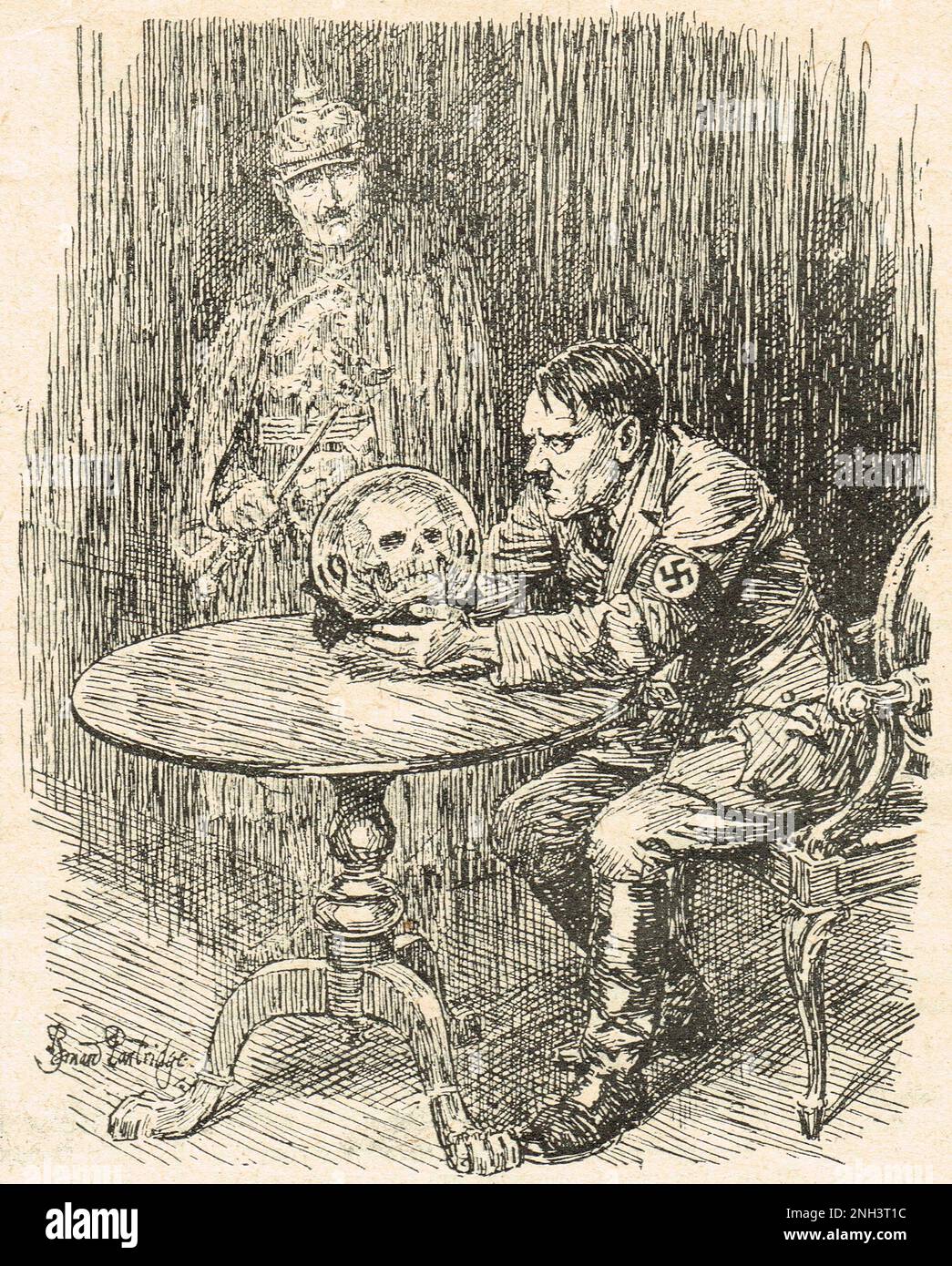 The Crystal gazer. 1939 ww2 cartoon by Bernard Partridge showing Adolf Hitler staring into a crystal ball as the ghost of the Former German Emperor Wilhelm II looks on.  The ball reveals a skull and the year 1914 referencing back to the horrors of the first world war.  Hitler was known to believe in paranormal forecasting, and it may also be an oblique reference to Kristallnacht the crystal night pogroms of the previous year. Stock Photo
