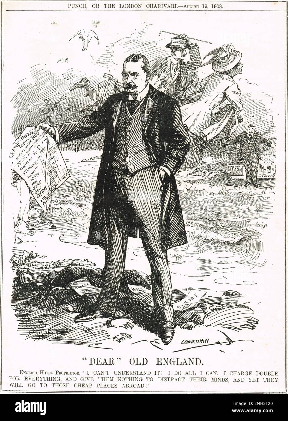 1908 satirical Punch cartoon depicting a hotel proprietor complaining about people going on cheap foreign holidays entitled Dear old England.  Dear pun no doubt intended.  Bemoaning that despite charging double for everything and offering no entertainment people will go these cheap places abroad Stock Photo