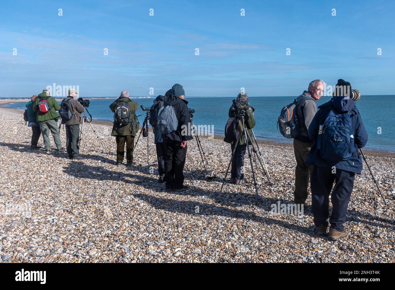 Group of birdwatchers on Church Norton beach sea-watching for birds with telescopes and binoculars, West Sussex, England, UK Stock Photo