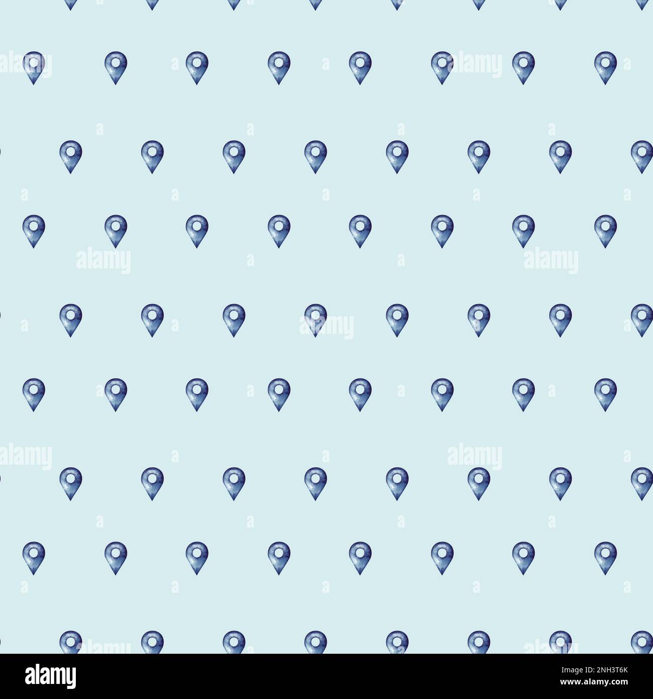A watercolor pattern with a geolocation icon on a blue background ...