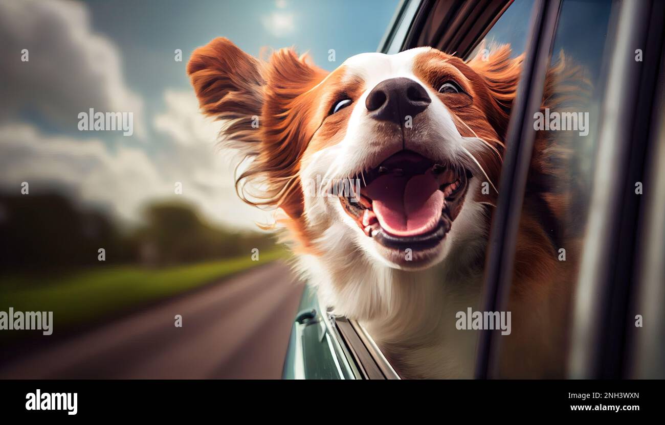 happy dog traveling in car illustration Stock Photo Alamy