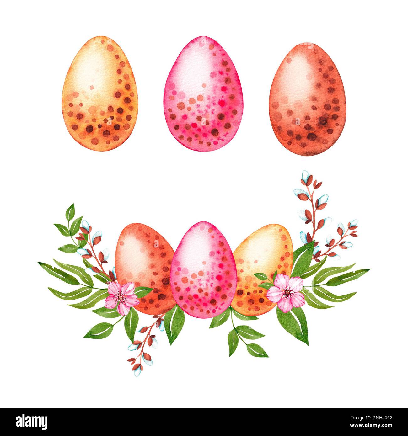 Watercolor colored Easter eggs with flowers on a white background for ...