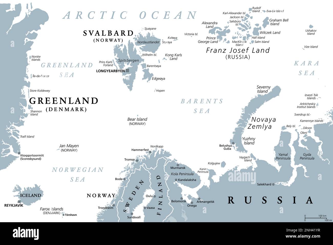 Arctic Ocean region, north of mainland Europe, gray political map. From eastern Greenland to Svalbard, to Franz Josef Land. Stock Photo