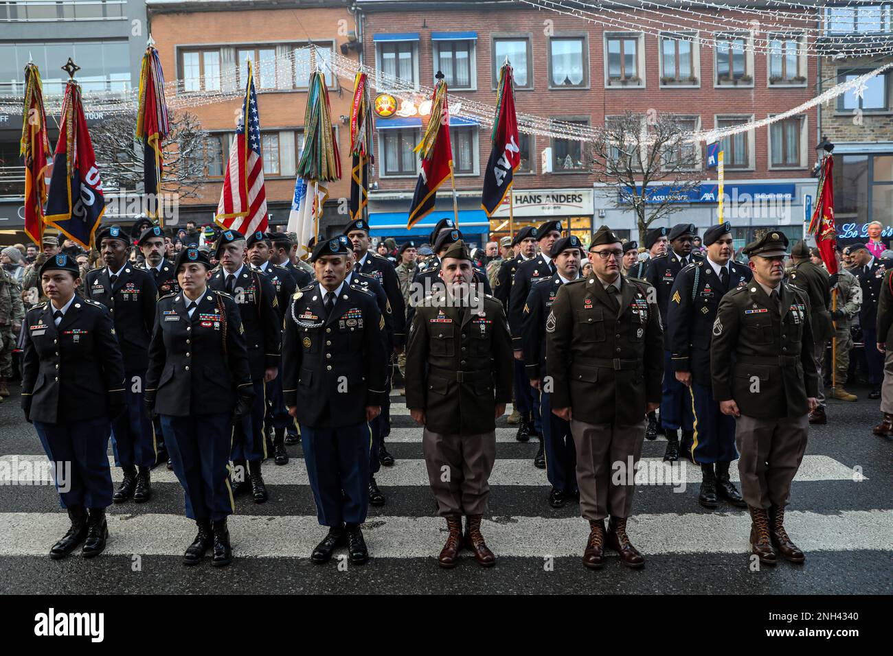 Soldiers in the 101st Airborne Division (Air Assault) prepare to reenlist in Bastogne, Belgium on December 10, 2022. This reenlistment ceremony was connected with the 78th Commemoration of the Battle of the Bulge parade earlier that day. Stock Photo