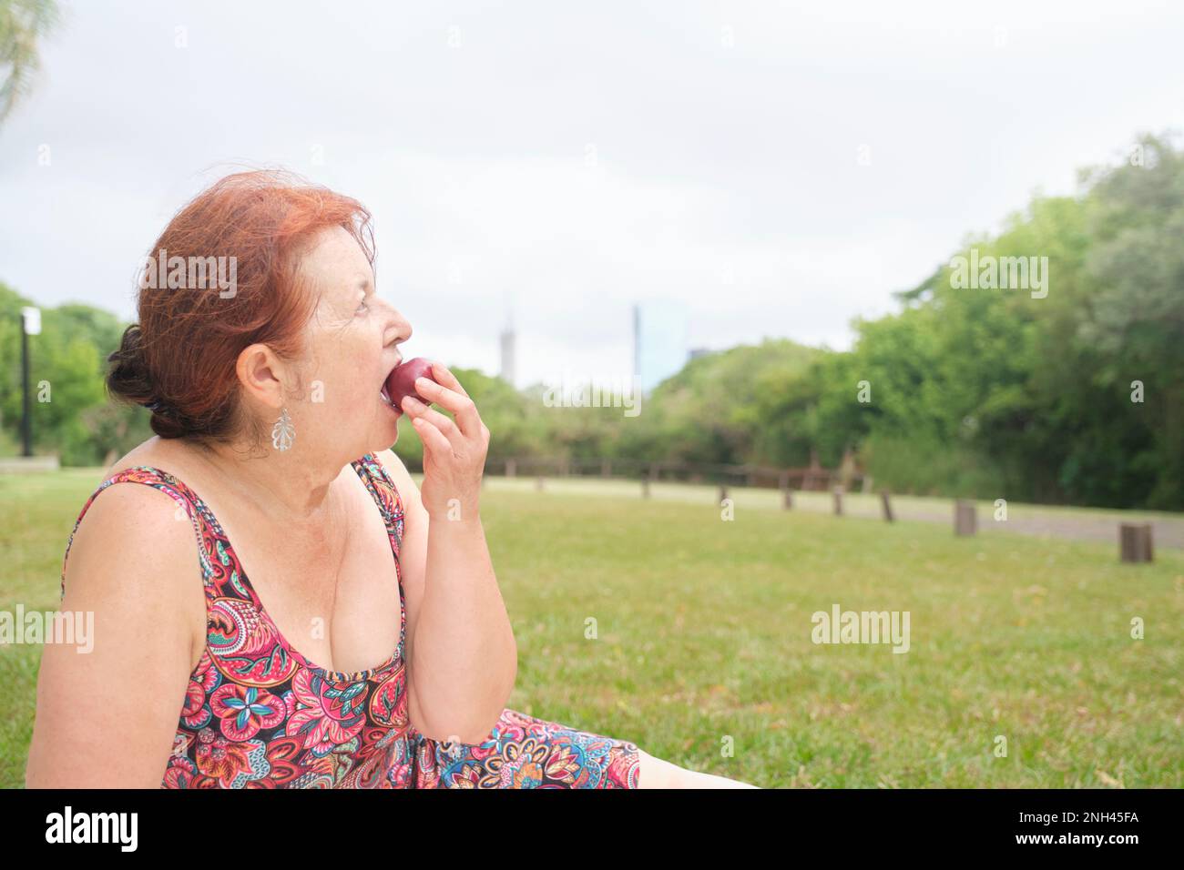 Mature woman eating a plum in a park. Concepts: healthy lifestyle, enjoying the outdoors. Image with copy space. Stock Photo