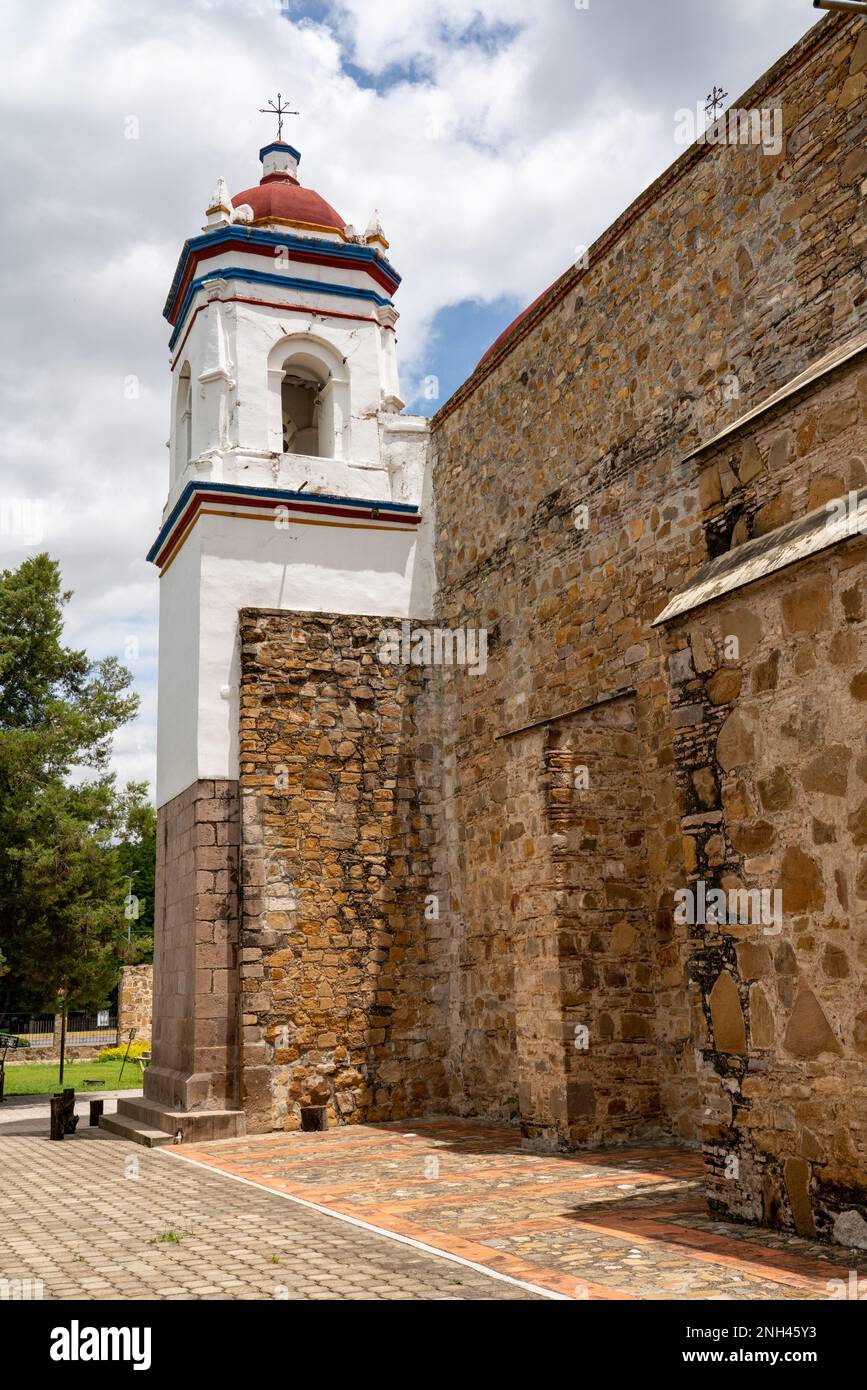 Bell tower of the parish church of San Bartolo Coyotepec in the Central Valleys of Oaxaca, Mexico. Stock Photo