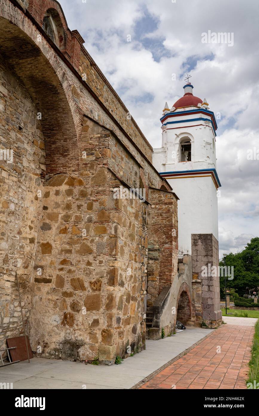 Bell tower of the parish church of San Bartolo Coyotepec in the Central Valleys of Oaxaca, Mexico. Stock Photo