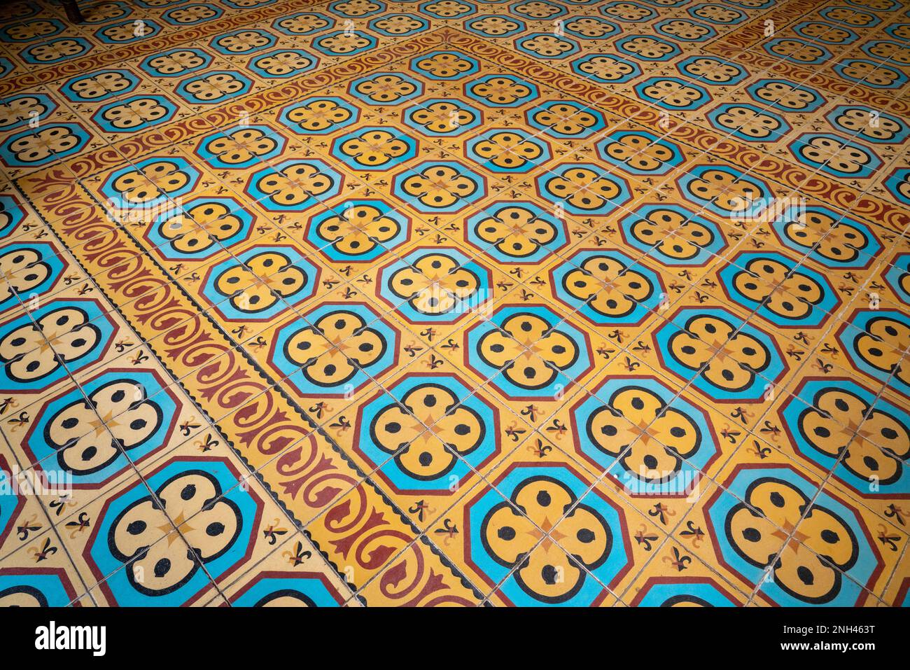 Tiled floor of the parish church of San Bartolo Coyotepec in the Central Valleys of Oaxaca, Mexico. Stock Photo