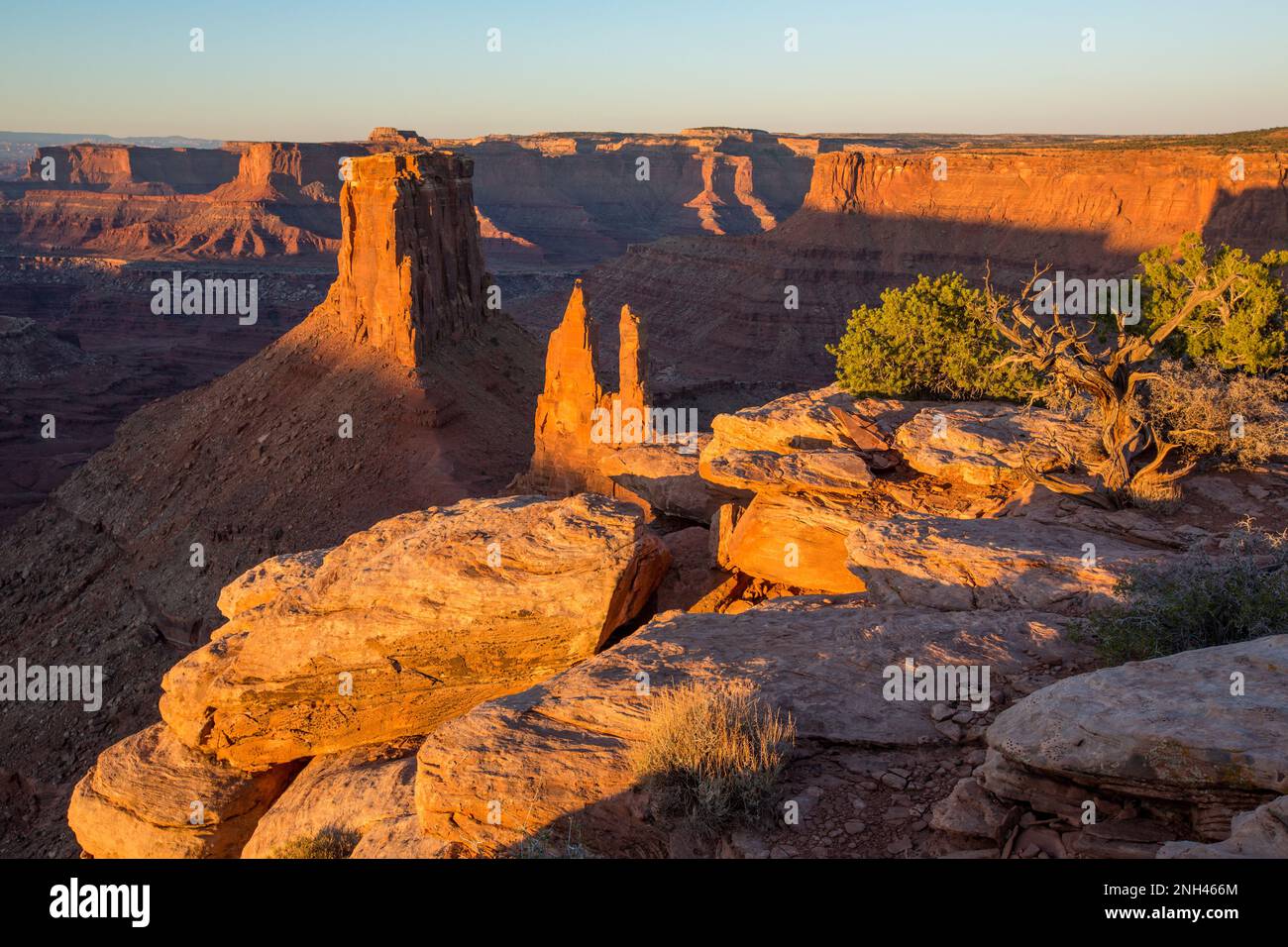 Early light on Bird's View Butte and the Crow's Head Spires in Shafer Canyon at Marlboro Point near Moab, Utah.  The Island in the Sky Mesa of Canyonl Stock Photo