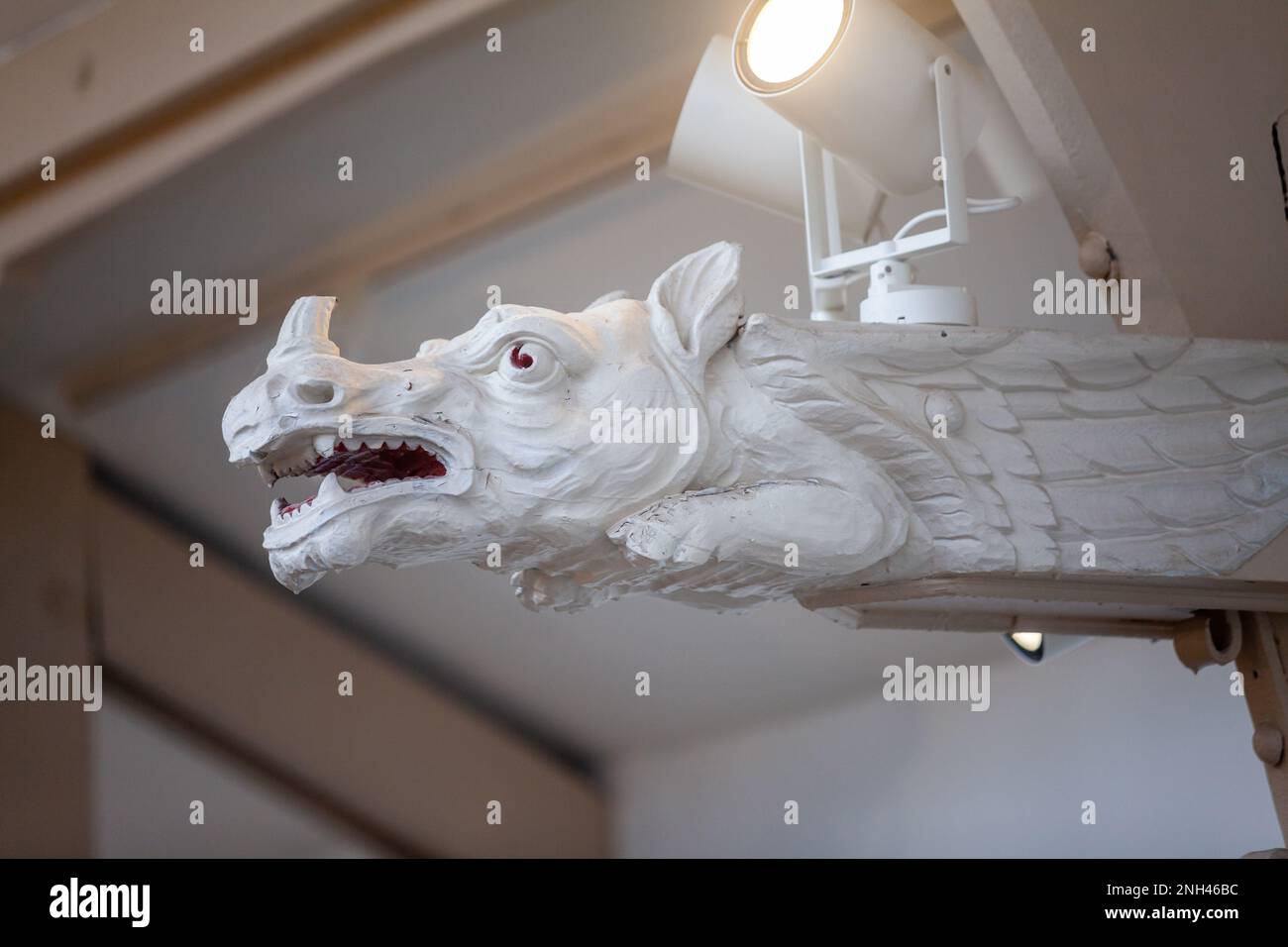 Wooden carved dragons in The Spiers Centre former public baths, Alloa. Stock Photo