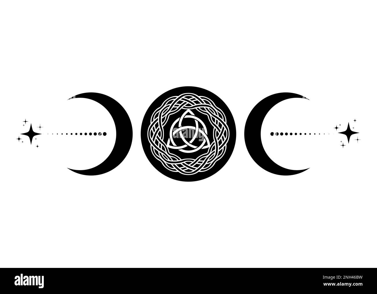 Triple Moon Religious wiccan sign. Wicca Triquetra logo Neopaganism symbol, celtic knot Triple Goddess icon tattoo, Goddess of the Moon, Crescent, Stock Vector