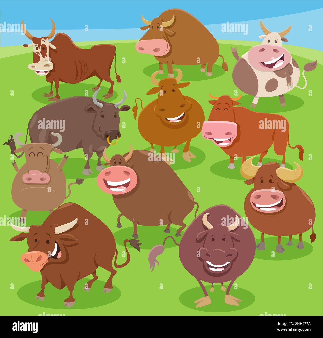 Cartoon Illustration Of Funny Bulls Farm Animal Characters Group Stock