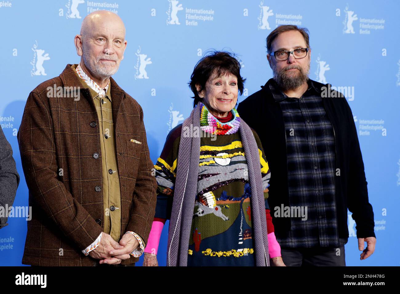 John Malkovich, Geraldine Chaplin and director Robert Schwentke attends the 'Seneca' photocall during the 73rd Berlinale International Film Festival B Stock Photo
