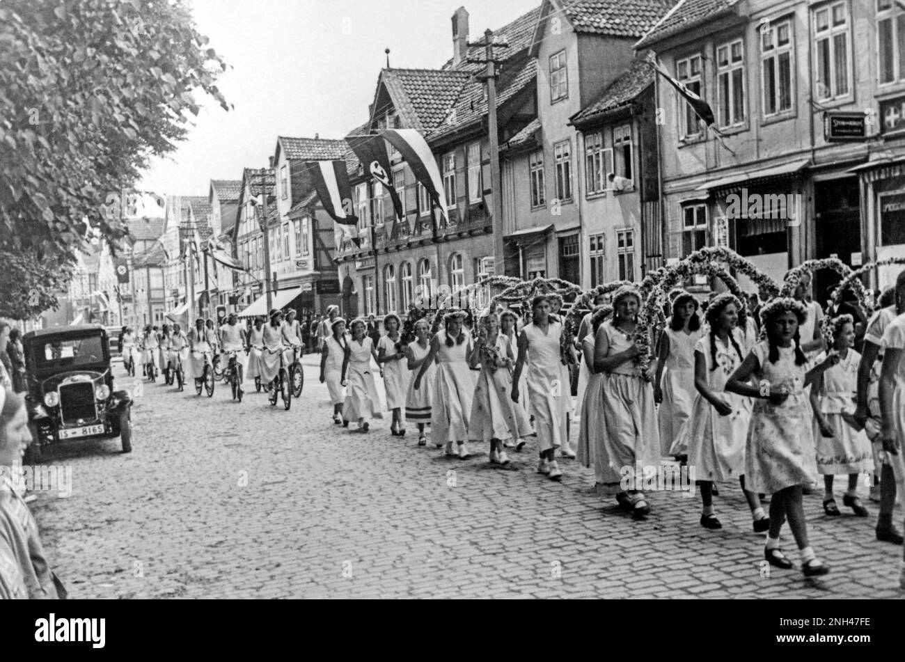 Young girls taking part in a parade, Lower Saxony, Germany, about 1935 Stock Photo