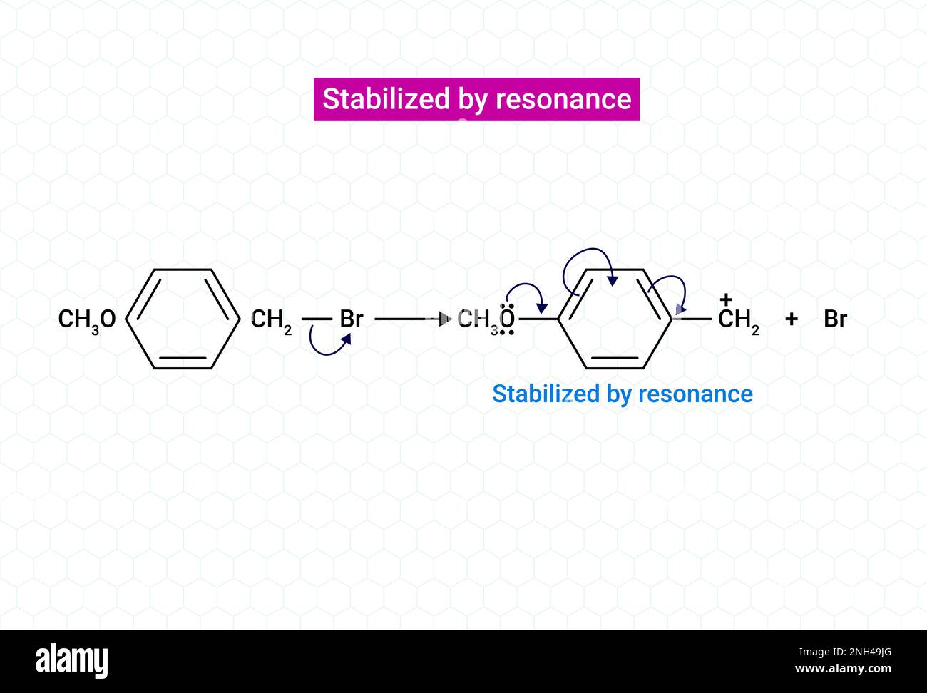 Chemical reaction of Stabilized by resonance Stock Vector