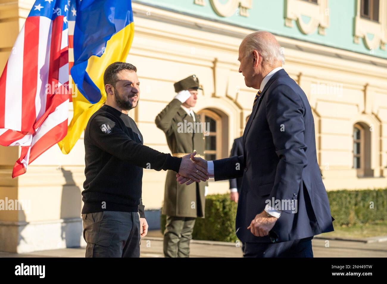 Kyiv, Ukraine. 20th Feb, 2023. U.S. President Joe Biden, right, is greeted by Ukrainian President Volodymyr Zelenskyy, left, on arrival at the Mariinsky Palace, February 20, 2023 in Kyiv, Ukraine. Biden stopped in Kiev on an unannounced visit to renew American support for Ukraine. Credit: Adam Schultz/White House Photo/Alamy Live News Stock Photo