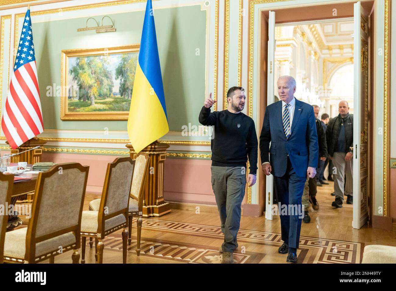 Kyiv, Ukraine. 20th Feb, 2023. U.S. President Joe Biden, right, is escorted by Ukrainian President Volodymyr Zelenskyy, left, to the expanded bilateral meeting at the Mariinsky Palace, February 20, 2023 in Kyiv, Ukraine. Biden stopped in Kiev on an unannounced visit to renew American support for Ukraine. Credit: Adam Schultz/White House Photo/Alamy Live News Stock Photo