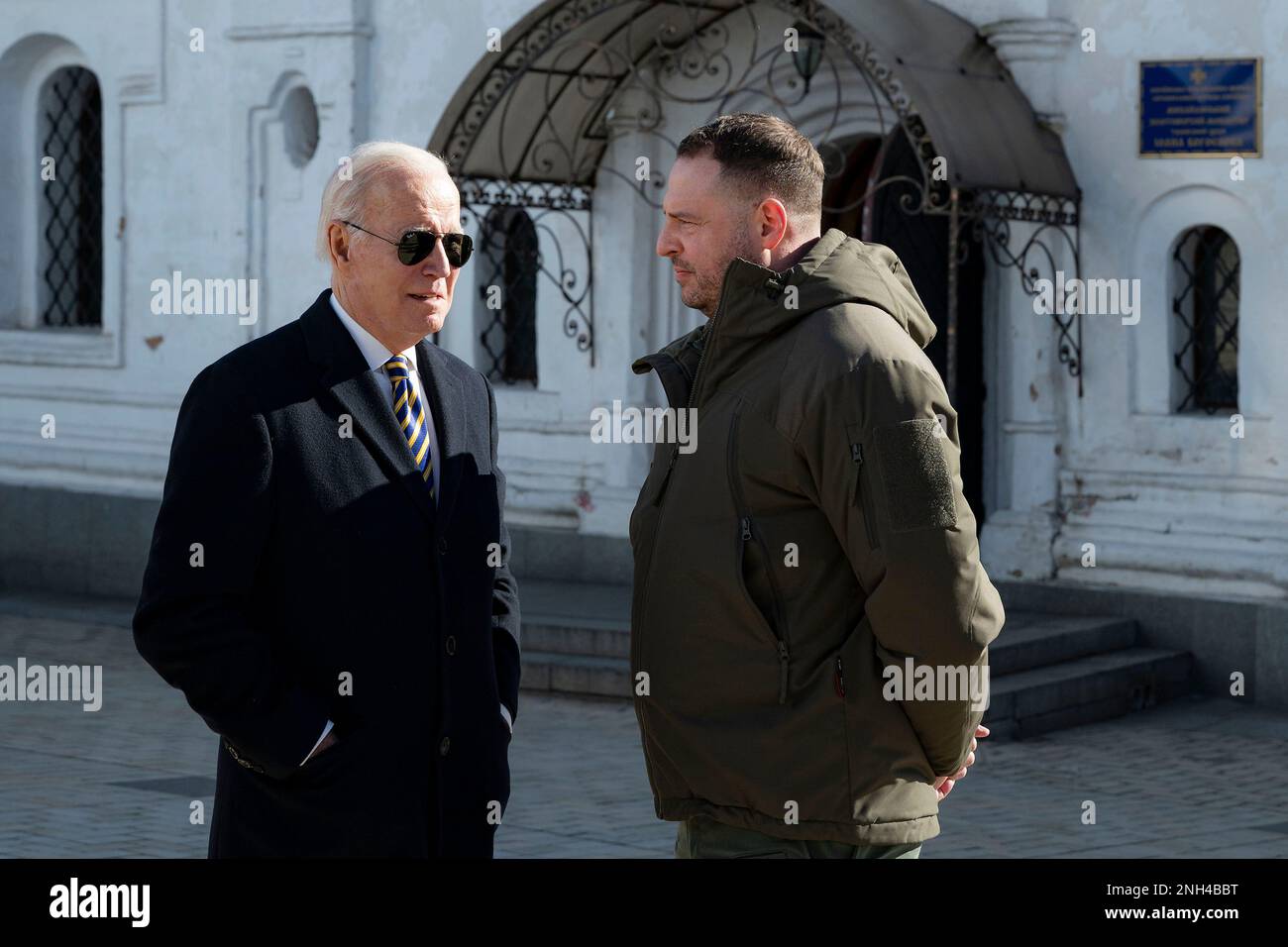 Kyiv, Ukraine. 20th Feb, 2023. U.S. President Joe Biden, left, chats with Ukrainian chief of presidential staff Andrii Yermak during a visit to the St. Michaels Golden-Domed Cathedral, February 20, 2023 in Kyiv, Ukraine. Biden stopped in Kiev on an unannounced visit to renew American support for Ukraine. Credit: Ukraine Presidency/Ukrainian Presidential Press Office/Alamy Live News Stock Photo